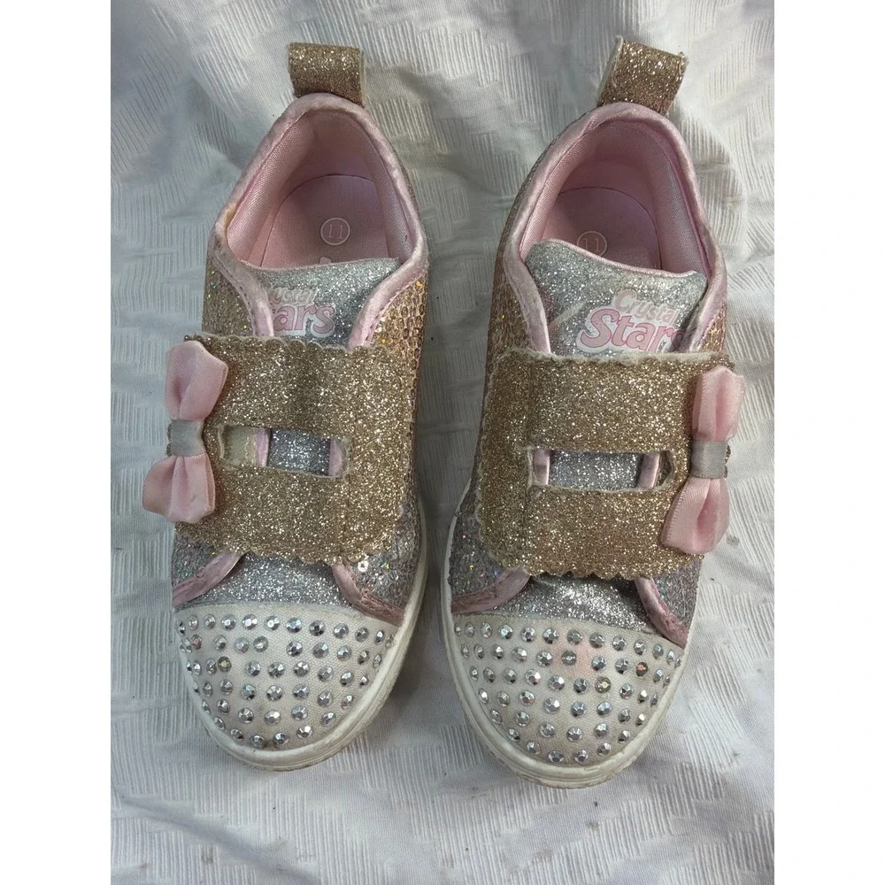 Skechers Twinkle Toes Girls Size 11 Glitter Rhinestone Bow Sneakers Hook & Loop